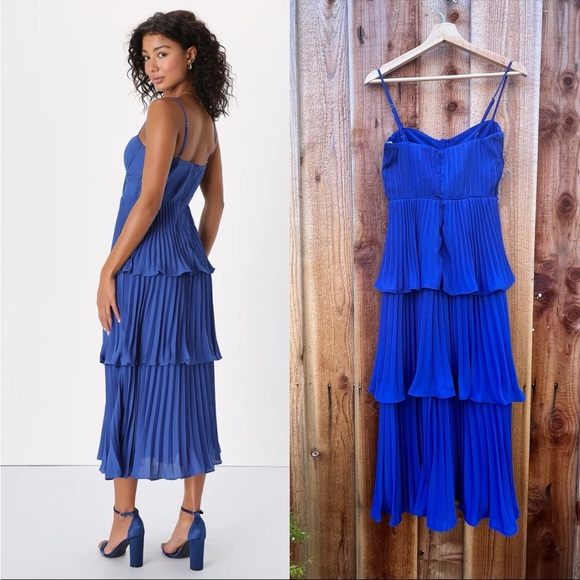 Cobalt Blue Bustier Pleated Tiered Chiffon Midi Dress 🌿 - Picture 3 of 9